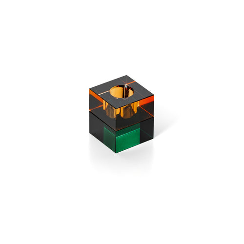 Bougeoir cube en verre recyclé ambre et vert 5 cm en situation