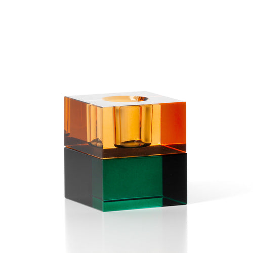 Bougeoir cube en verre recyclé ambre et vert 5 cm