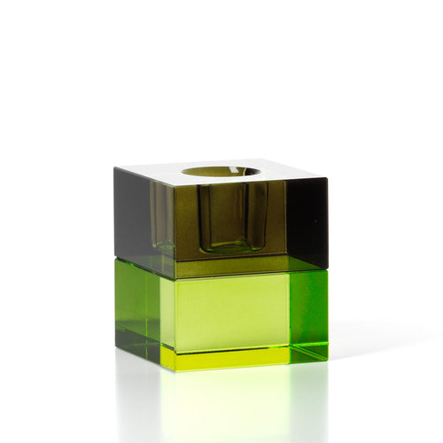 Bougeoir cube en verre recyclé olive fumé et vert acide 5 cm