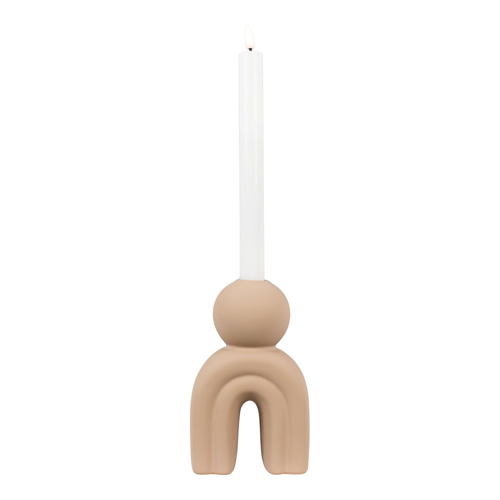 Bougeoir grès mat sable figurine arche deux jambes H17 cm avec bougie chandelle vue face