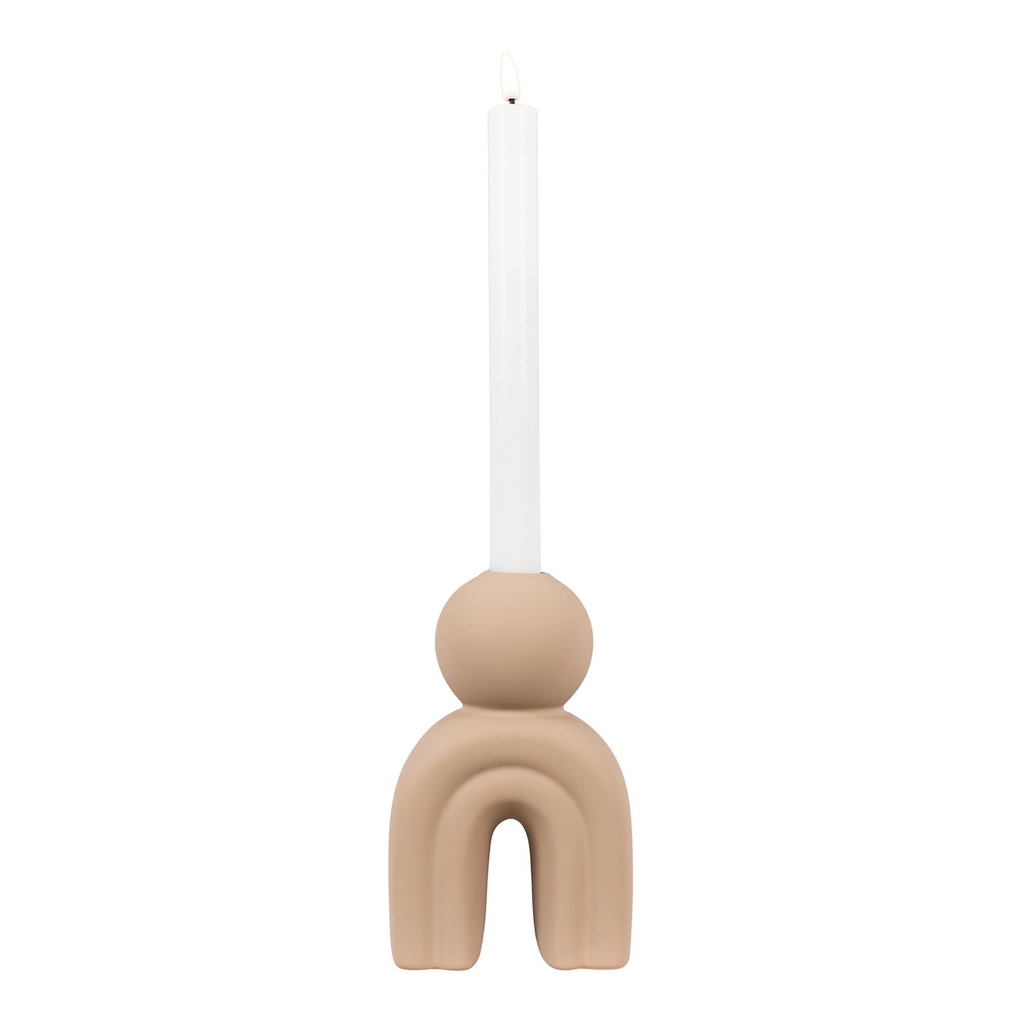 Bougeoir grès mat sable figurine arche deux jambes H17 cm avec bougie chandelle vue face