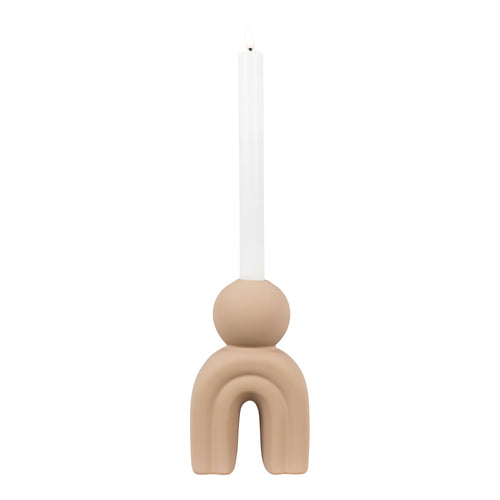 Bougeoir grès mat sable figurine arche deux jambes H17 cm avec bougie chandelle vue face