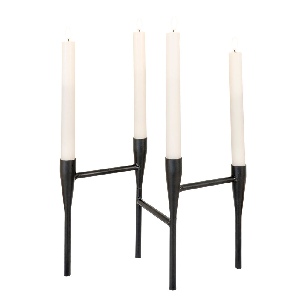 Bougeoir métal noir mat 4 chandelles structure tubulaire géométrique 28x21 cm bougies blanches