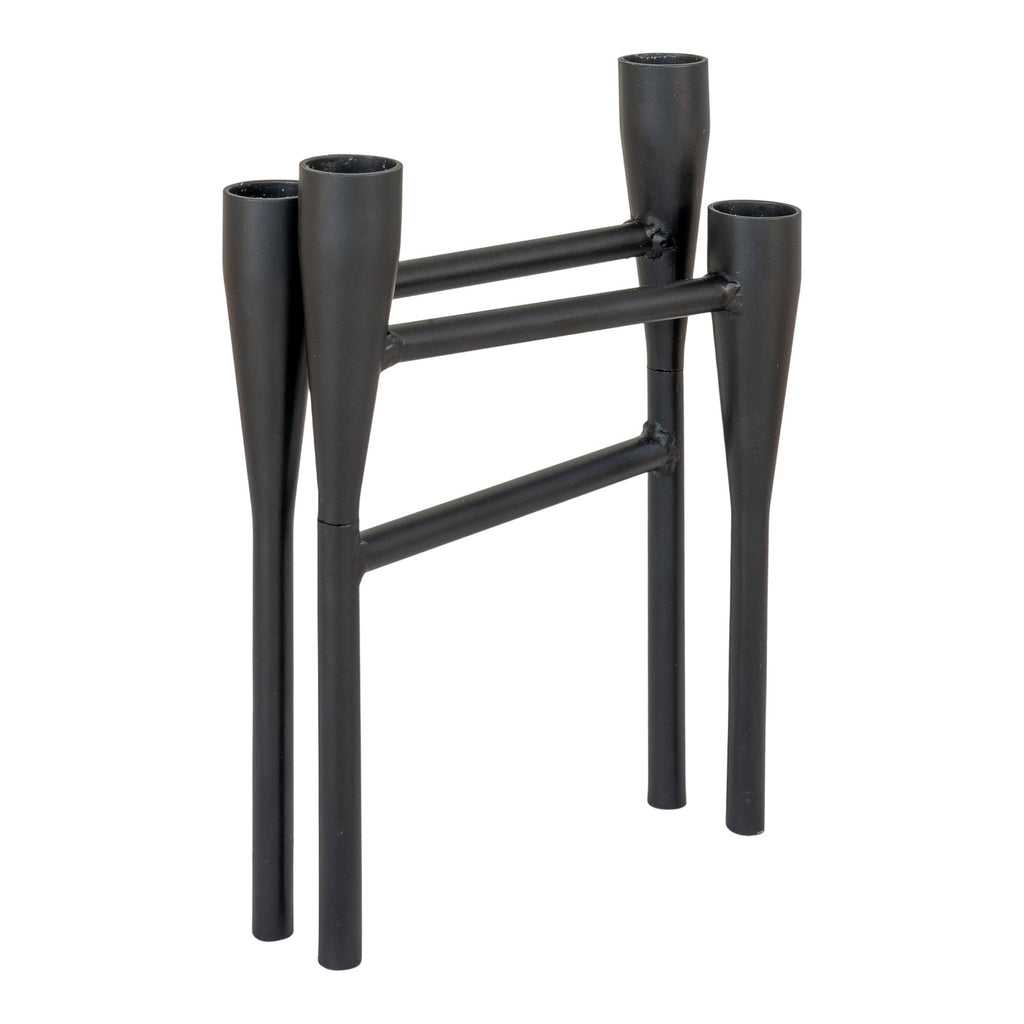 Bougeoir métal noir 4 chandelles structure tubulaire géométrique vue de profil fond blanc
