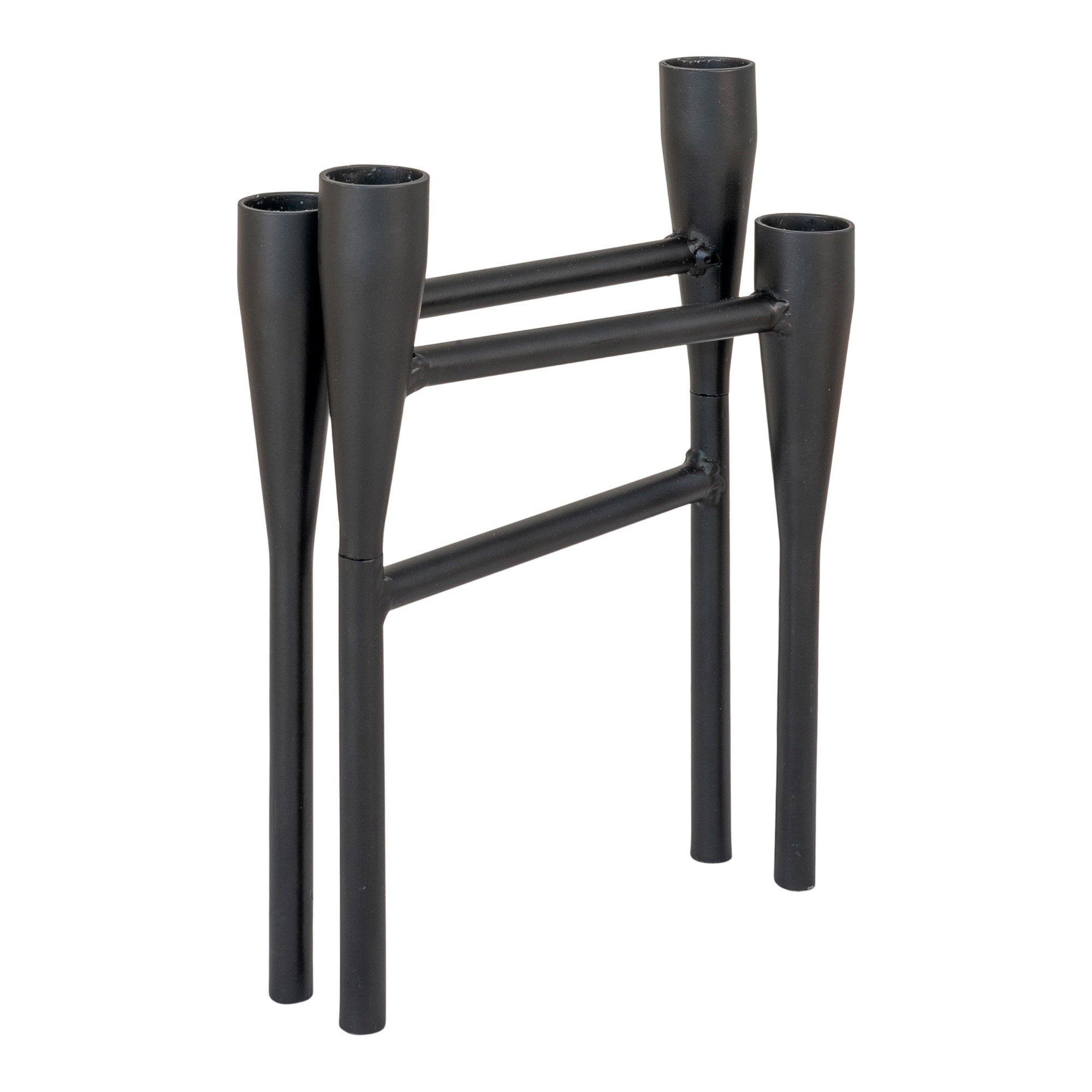 Bougeoir métal noir 4 chandelles structure tubulaire géométrique vue de profil fond blanc
