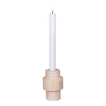 Bougeoir travertin naturel profil disques empilés Ø7 H10 cm avec bougie chandelle blanche allumée