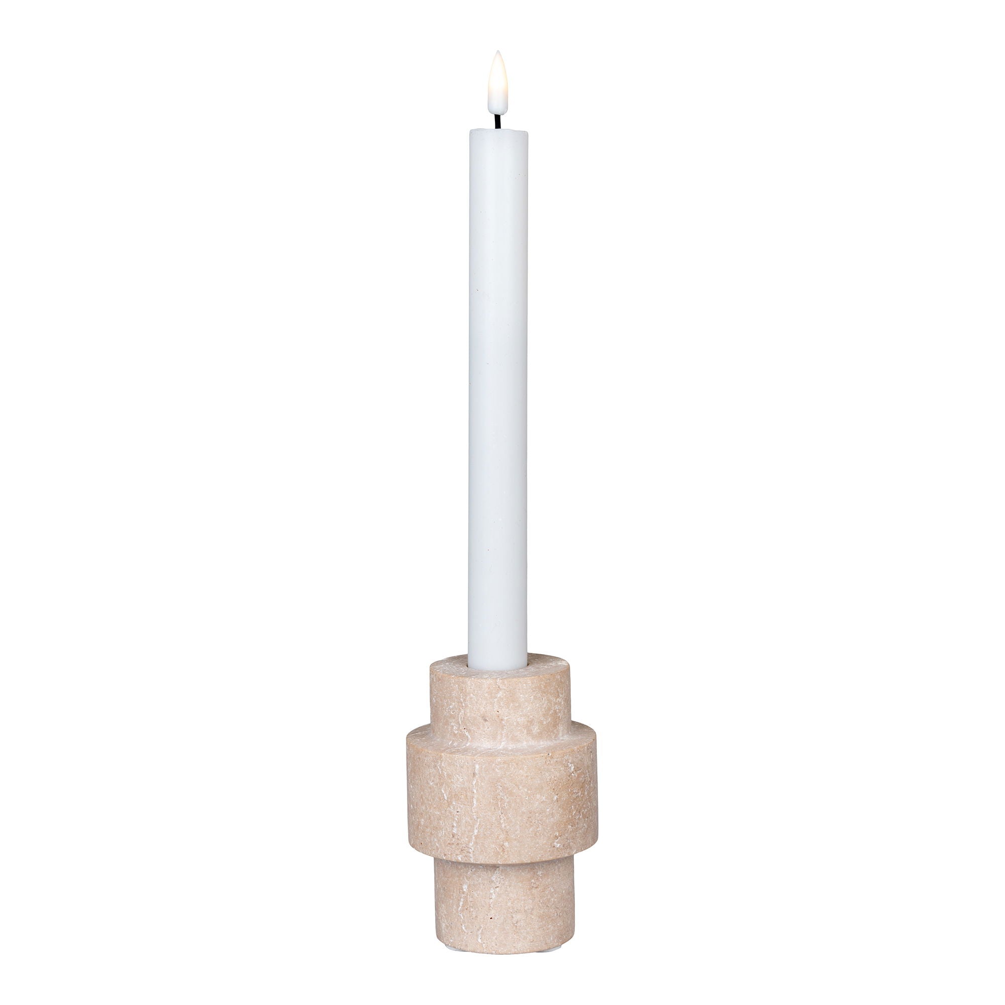 Bougeoir travertin naturel profil disques empilés Ø7 H10 cm avec bougie chandelle blanche allumée