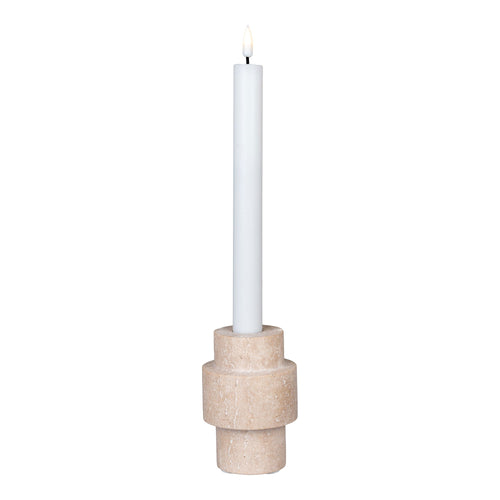 Bougeoir travertin naturel profil disques empilés Ø7 H10 cm avec bougie chandelle blanche allumée