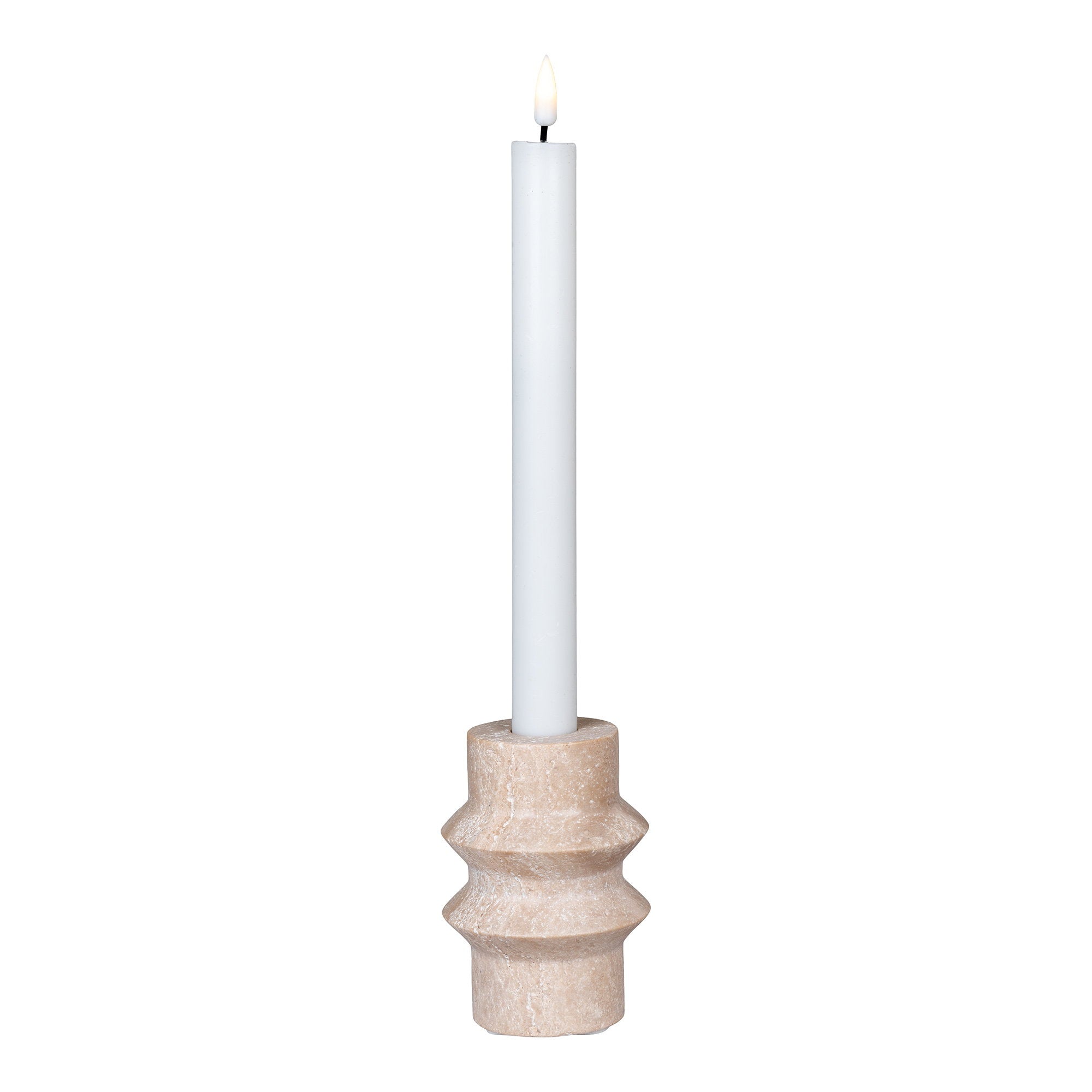 Bougeoir travertin naturel profil totem trois gorges Ø7 H10 cm avec bougie chandelle blanche