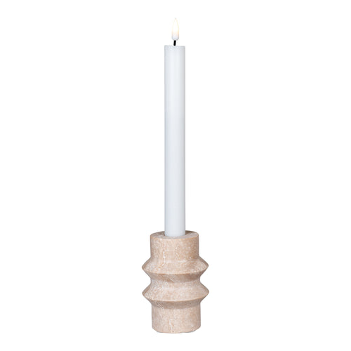 Bougeoir travertin naturel profil totem trois gorges Ø7 H10 cm avec bougie chandelle blanche