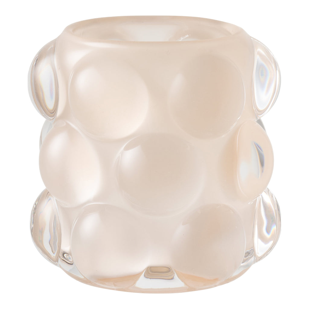 Bougeoir verre bullé beige poudré irisé relief sphérique givré gros plan