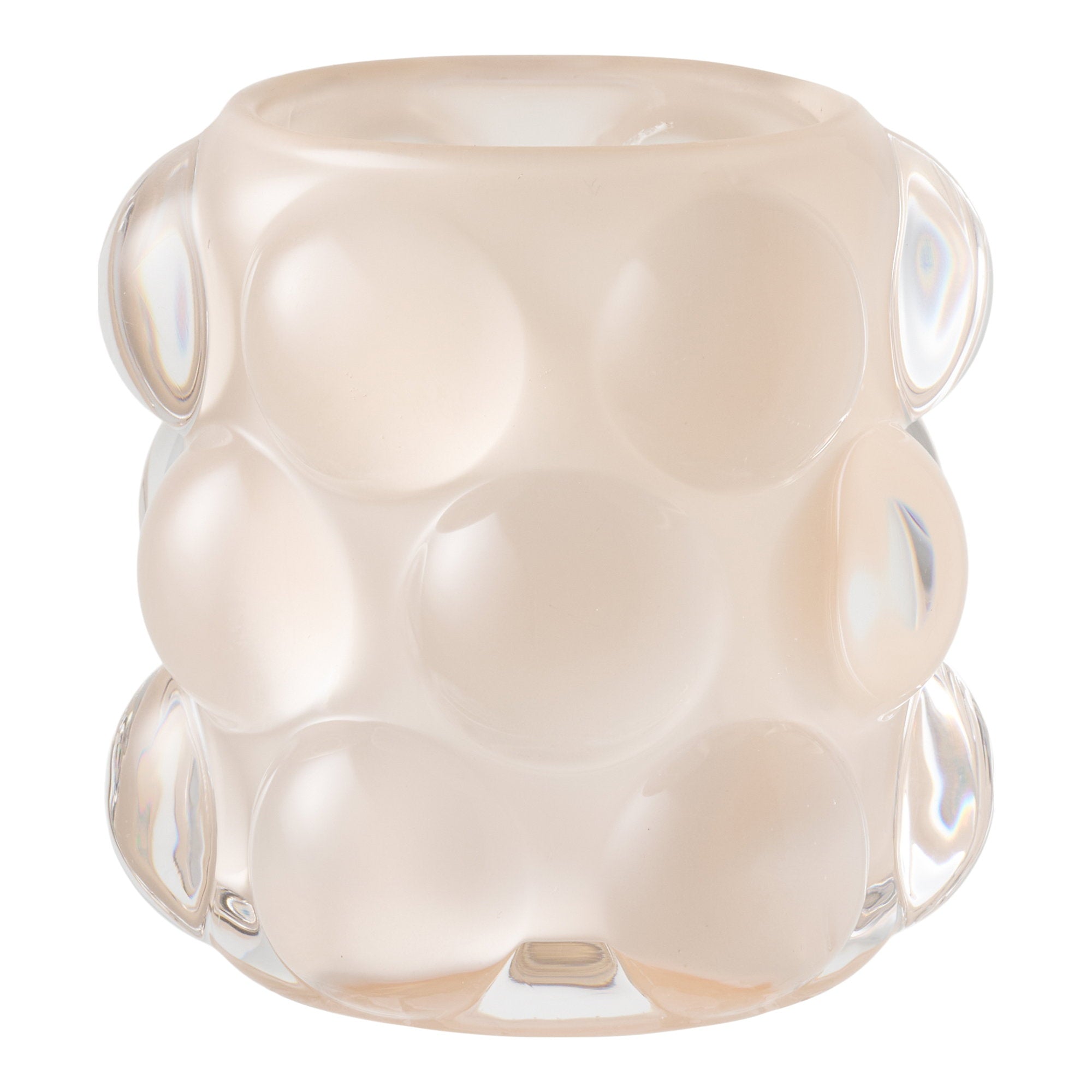 Bougeoir verre bullé beige poudré irisé relief sphérique givré gros plan