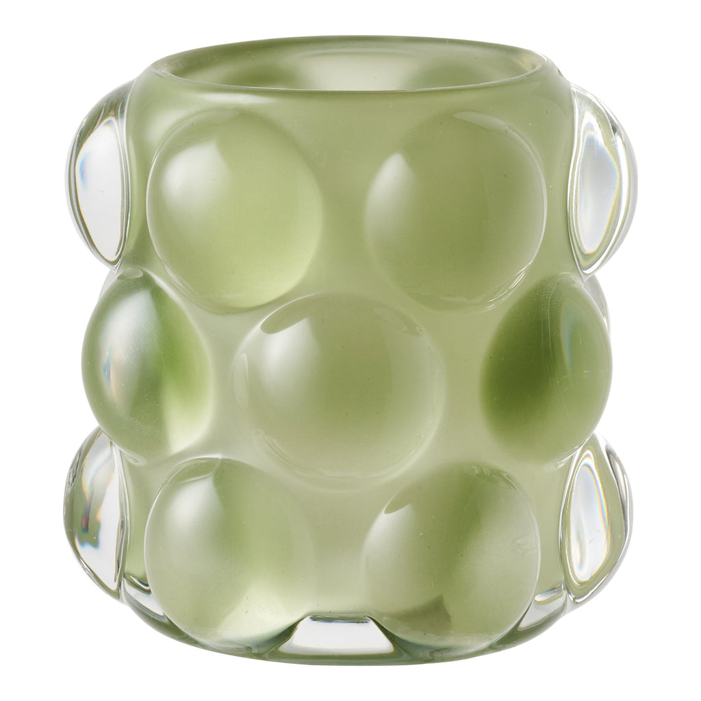 Bougeoir verre bullé vert sauge givré relief sphérique Ø8,5 cm gros plan