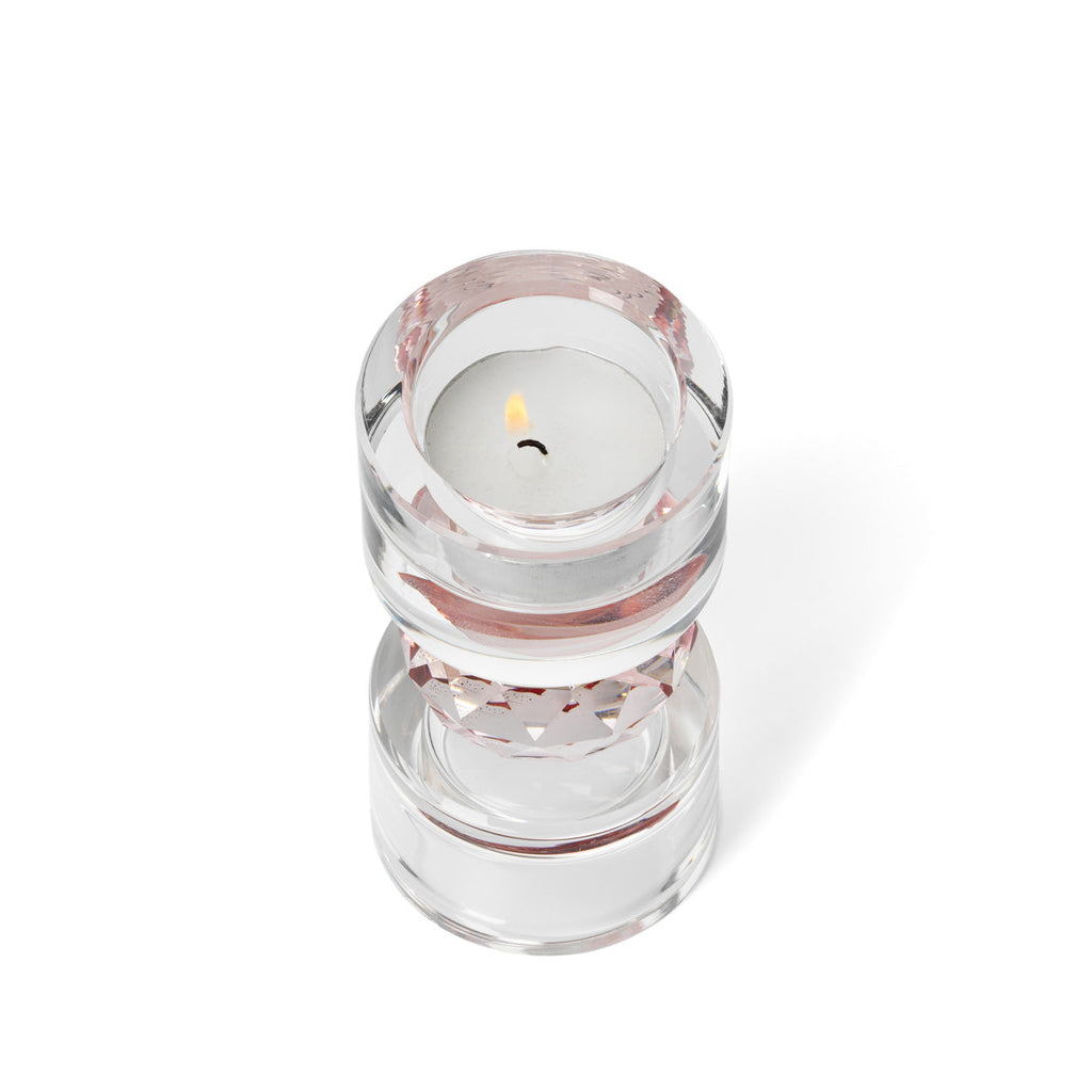 Bougeoir en verre incolore à sphère facettée rose 12 cm en situation