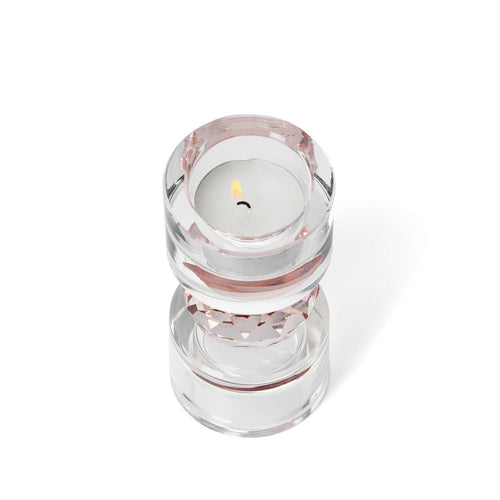 Bougeoir en verre incolore à sphère facettée rose 12 cm en situation
