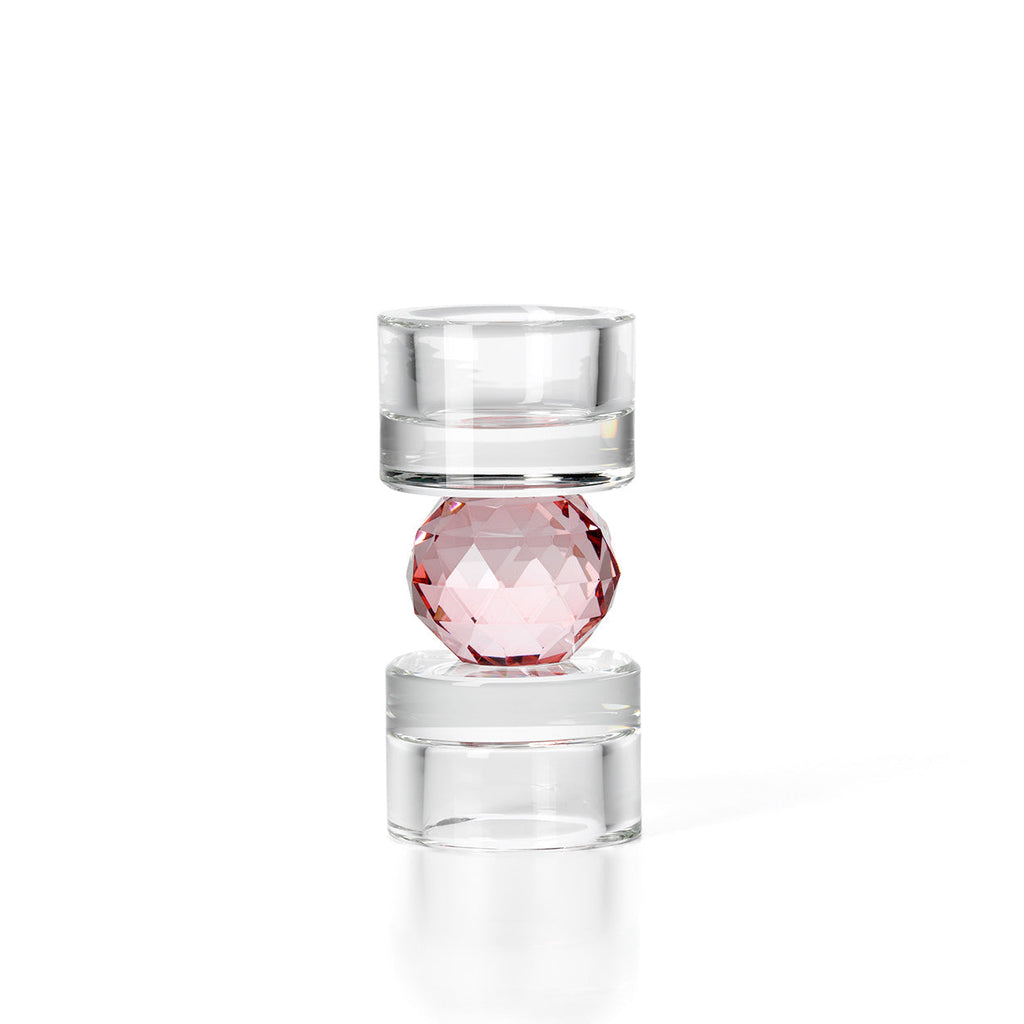 Bougeoir en verre incolore à sphère facettée rose 12 cm