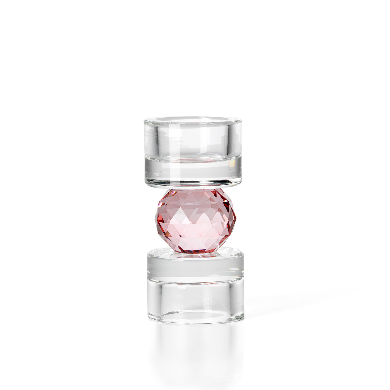 Bougeoir en verre incolore à sphère facettée rose 12 cm