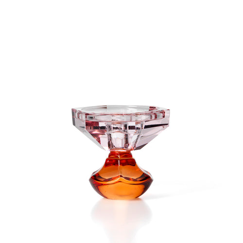 Bougeoir en verre recyclé à coupe facettée rose et socle ambre 9 cm