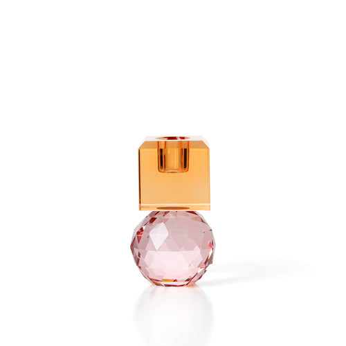 Bougeoir en verre recyclé à cube ambre et sphère facettée rose 10 cm