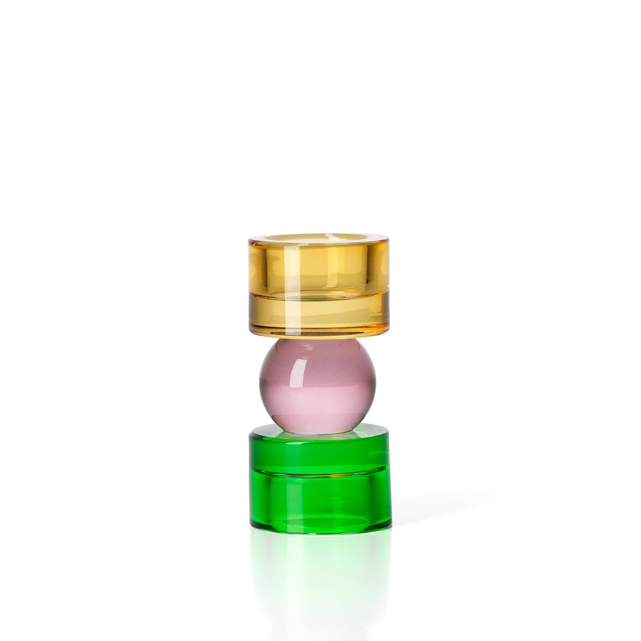 Bougeoir en verre recyclé à sphère rose et socle vert 12 cm