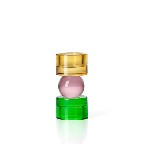 Bougeoir en verre recyclé à sphère rose et socle vert 12 cm