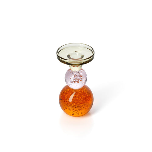 Bougeoir en verre recyclé à sphères bullées et collerette plate 16 cm en situation