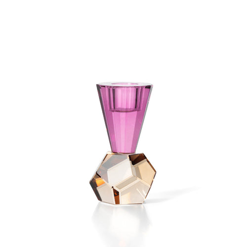 Bougeoir en verre taillé rose et ambre 10 cm