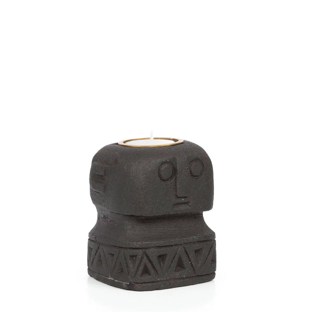 Bougeoir visage sculpté en pierre à frise gravée 10 cm, vue 7