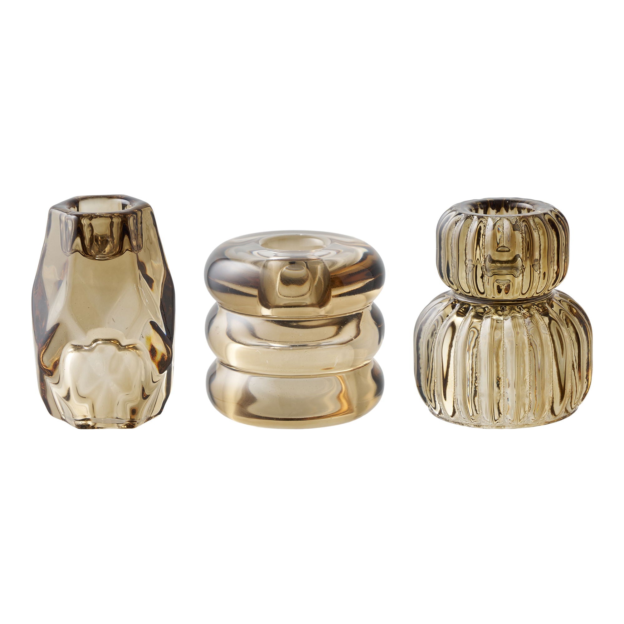 Trio bougeoirs verre fumé brun ambré formes facettée anneau côtelé vue dos