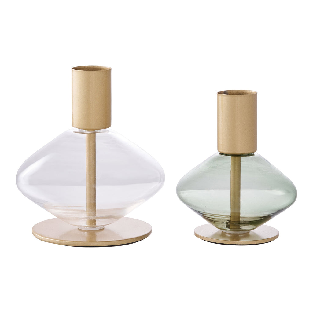 Set bougeoirs lentille verre transparent vert sauge tige métal doré brossé vue dos