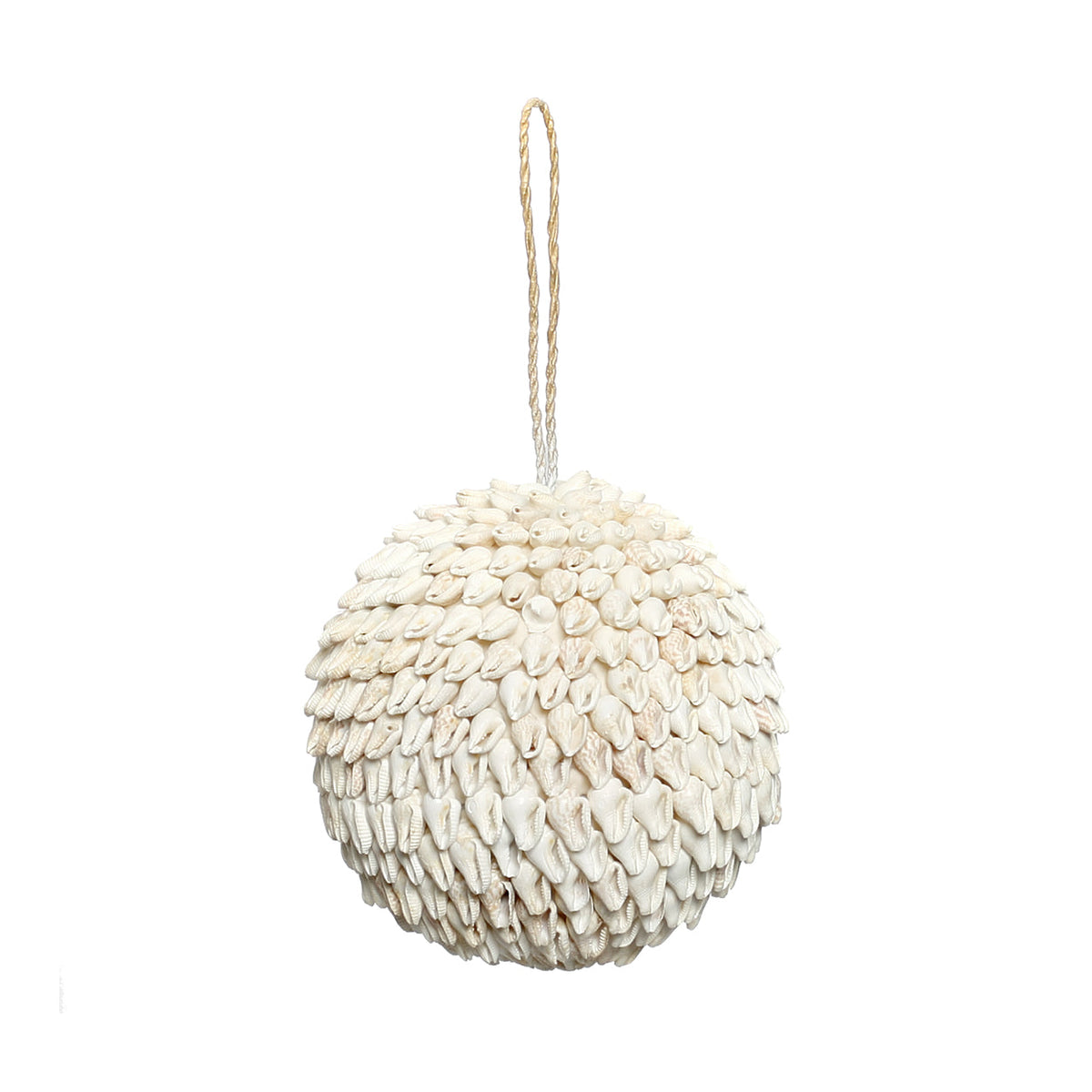 Boule décorative Bubble couverte de coquillages blancs suspendue à son cordon tressé