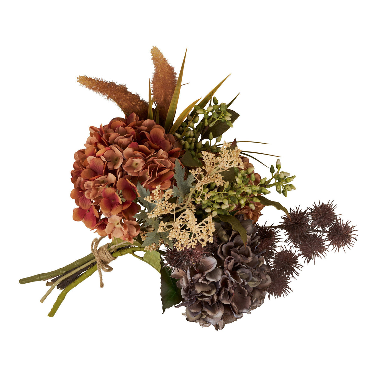 Bouquet artificiel Autumn couché avec hortensias rouille et prune graminées et chardons liés par une ficelle