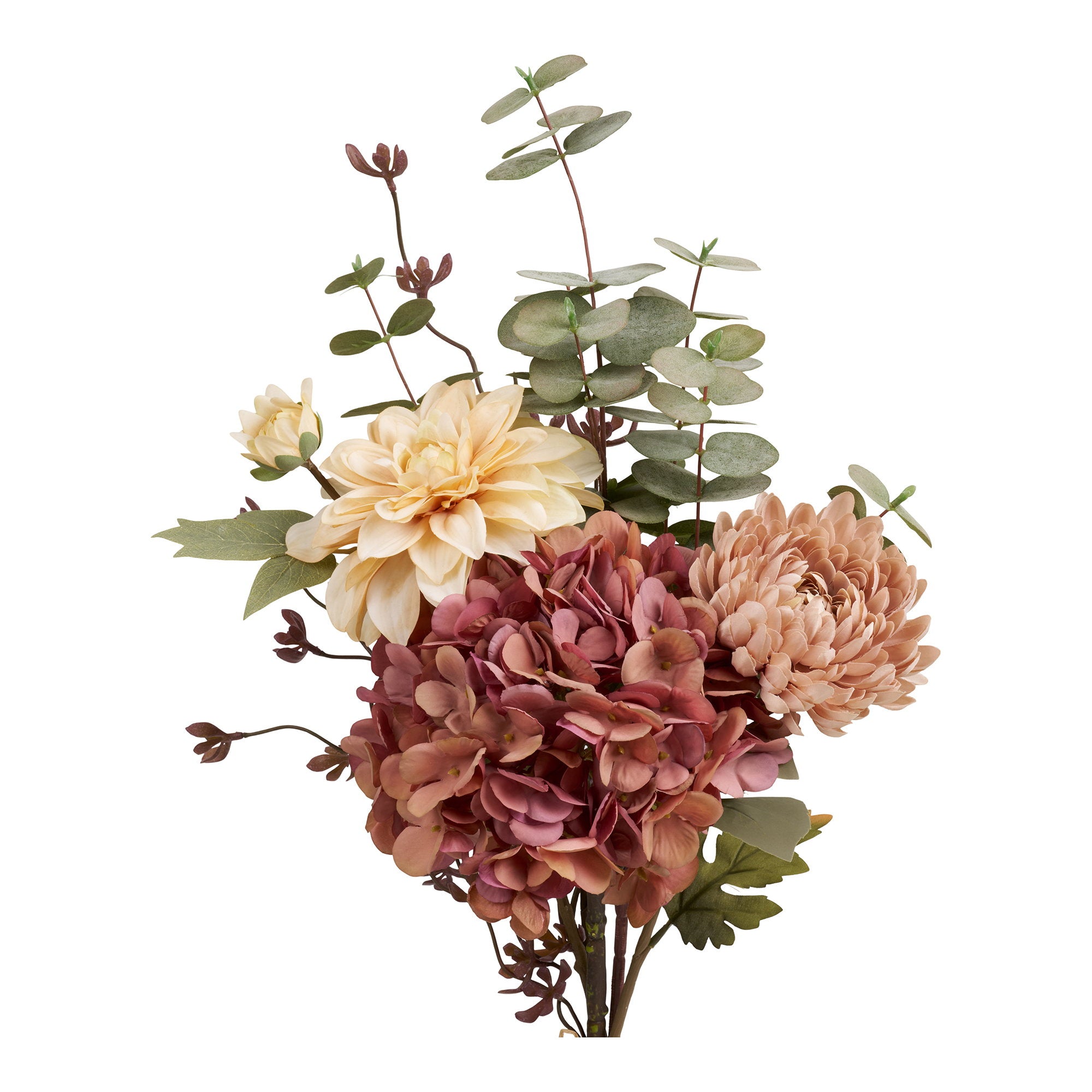 Bouquet artificiel 68cm dahlia beige abricot hortensia rose prune chrysanthème poudré eucalyptus vert