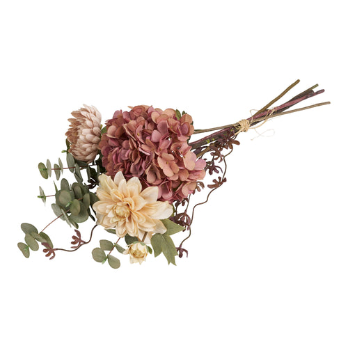 Bouquet artificiel dahlia beige hortensia rose prune chrysanthème eucalyptus lié au raphia fond blanc