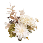 Détail bouquet artificiel hortensia crème dahlia blanc ivoire eucalyptus rosé et fleurs sauvages chocolat