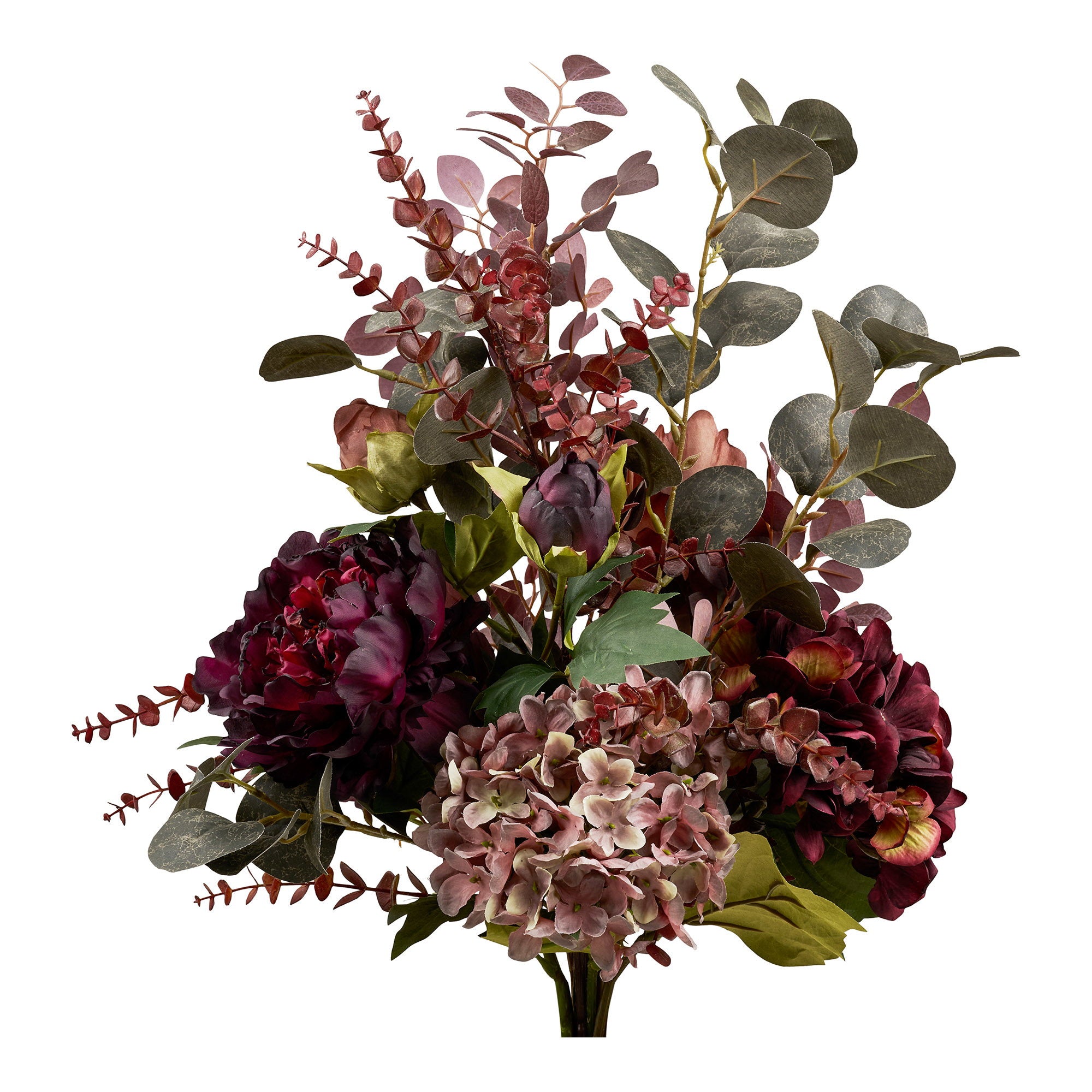 Bouquet artificiel Velvet Boom bordeaux et eucalyptus vue de face
