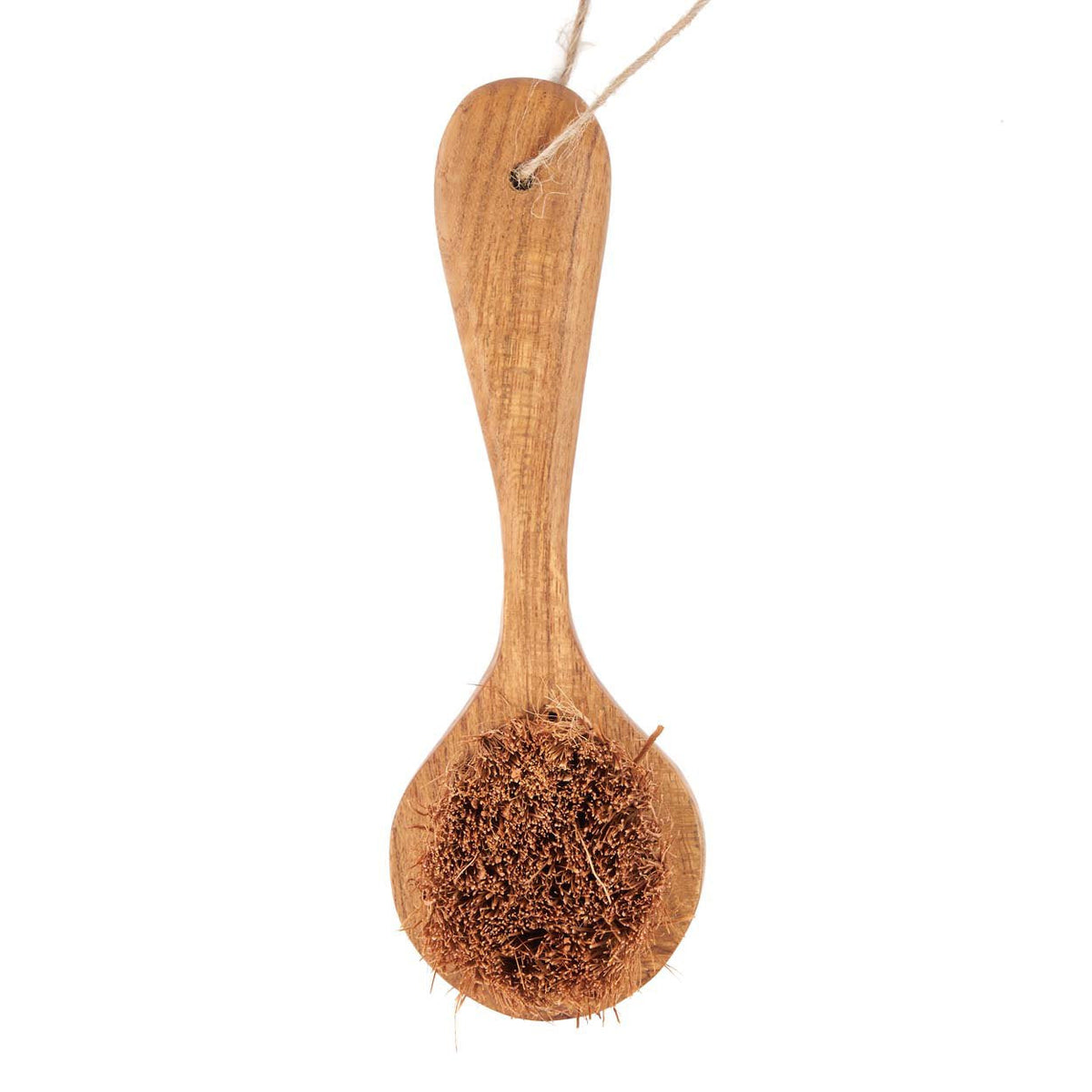 Brosse à récurer Toto en teck naturel vue de face tête en bas et cordelette vers le haut