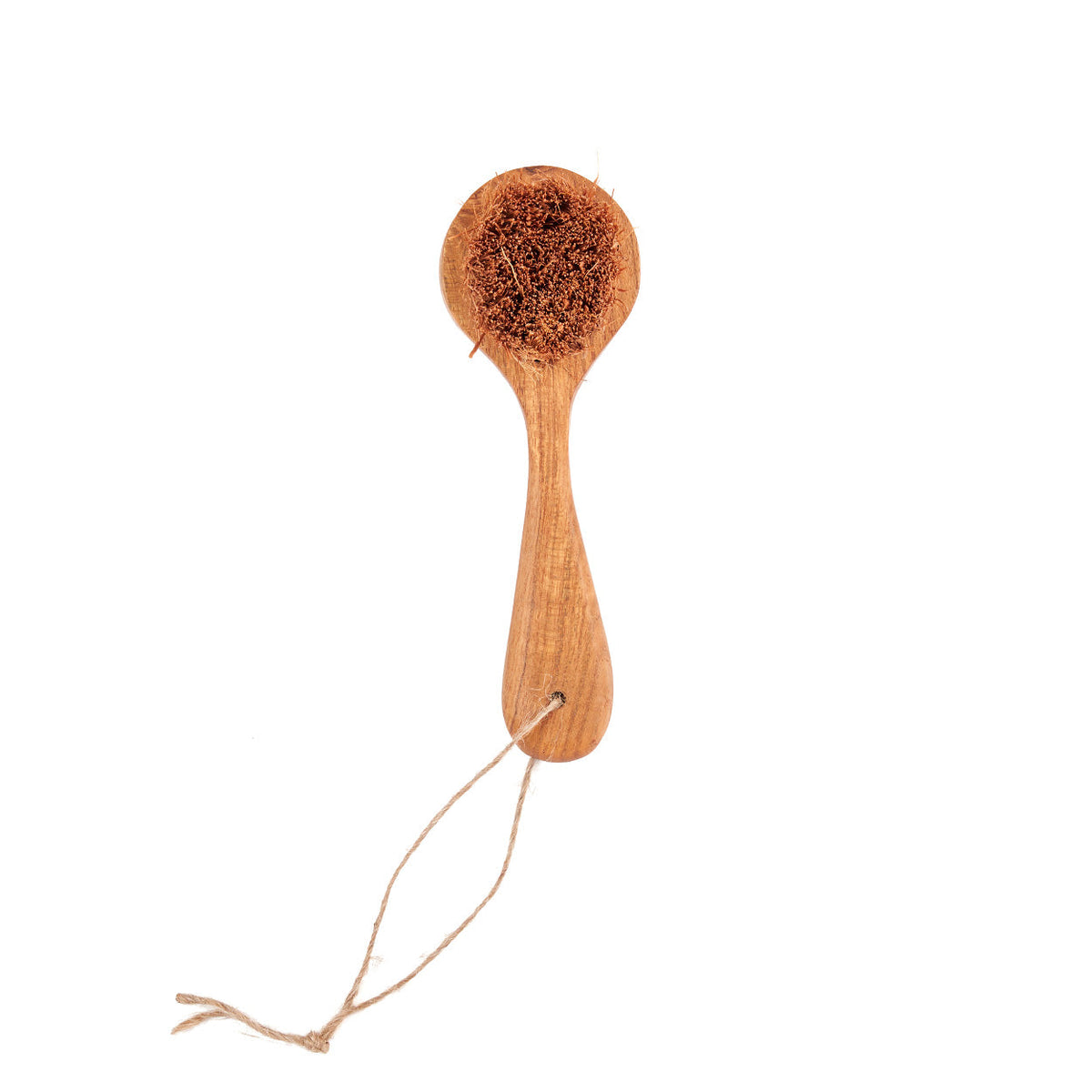 Brosse à récurer Toto en teck naturel vue de dessus avec sa tête ronde en fibres de coco et sa cordelette de jute