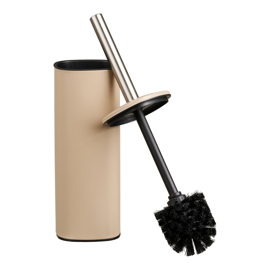 Brosse WC Lodi métal beige couvercle ouvert manche inox vue trois quarts