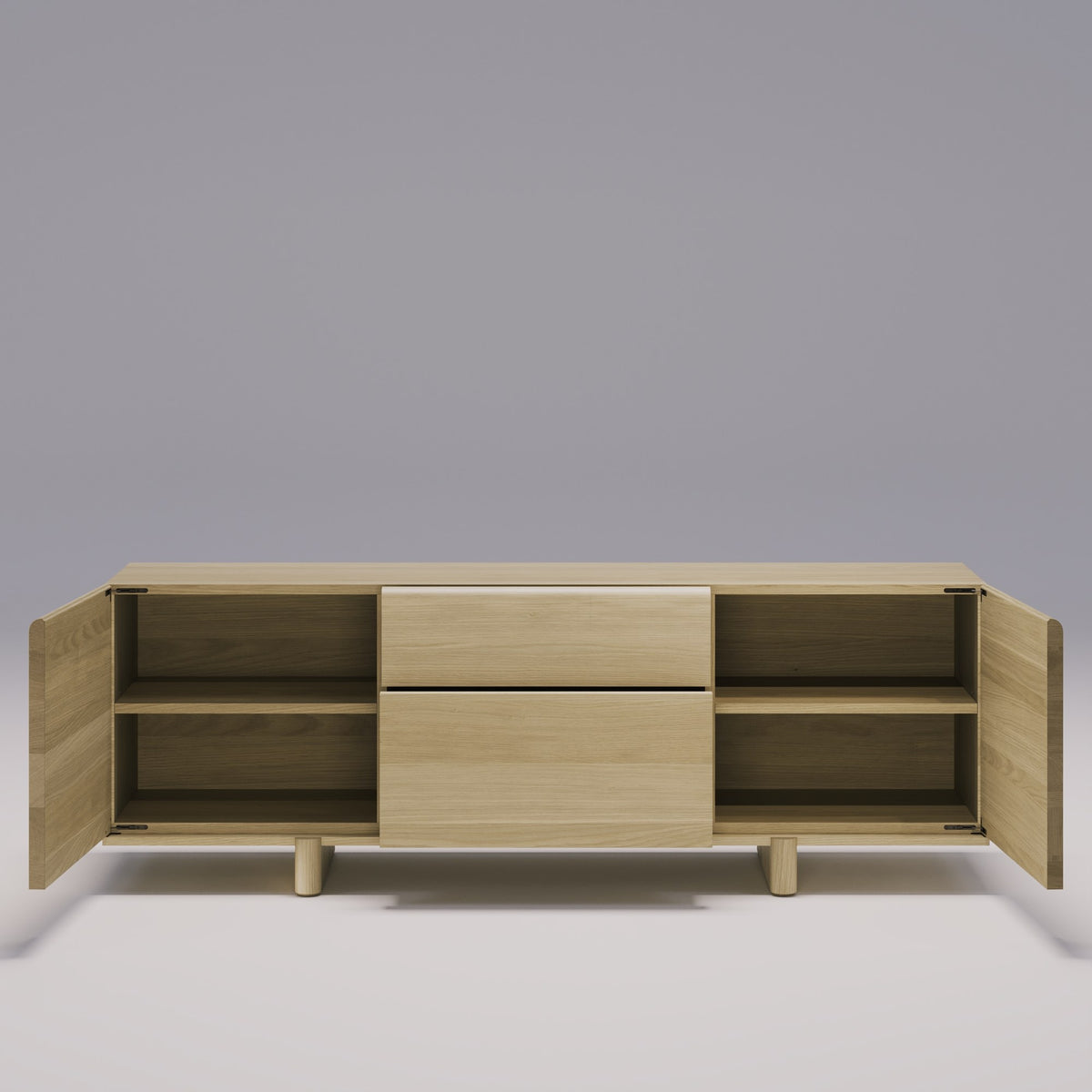 Buffet Brutalist de 185 cm en chêne naturel portes ouvertes sur ses étagères