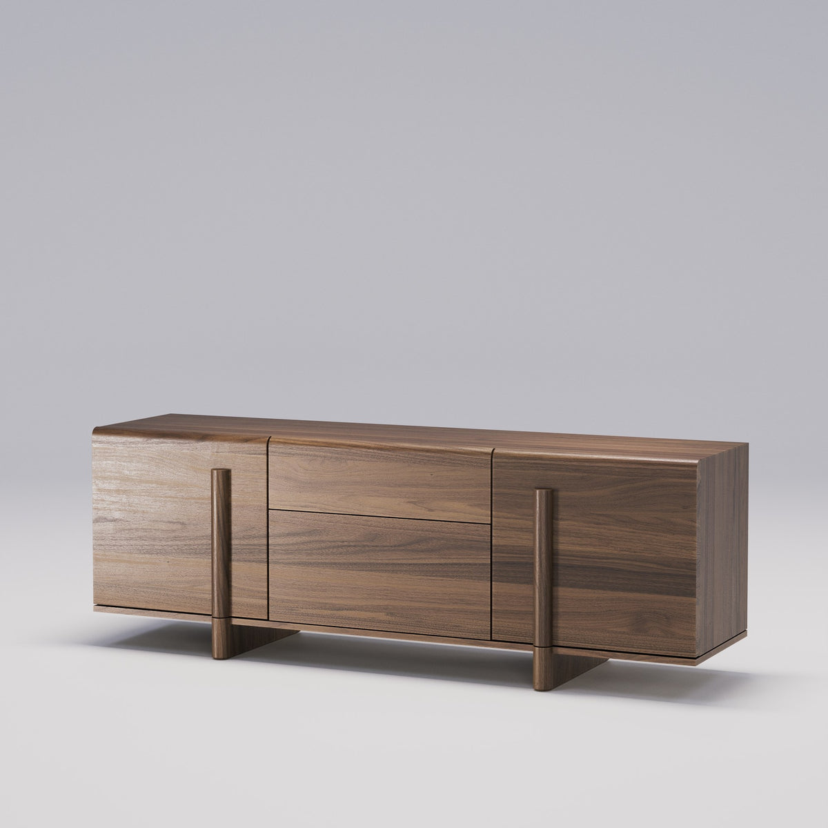 Buffet Brutalist de 185 cm en noyer foncé vu de trois quarts sur fond clair