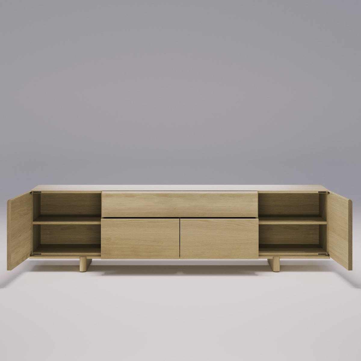 Buffet Brutalist de 240 cm en chêne naturel portes ouvertes sur ses étagères