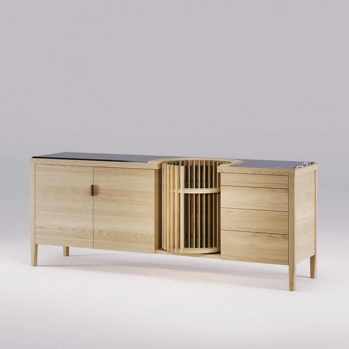 Buffet Carousel en chêne naturel et Nero Marquina noir vu de trois quarts