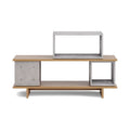Buffet Dice asymétrique avec modules en béton gris naturel sur base et plateau en chêne sur fond blanc