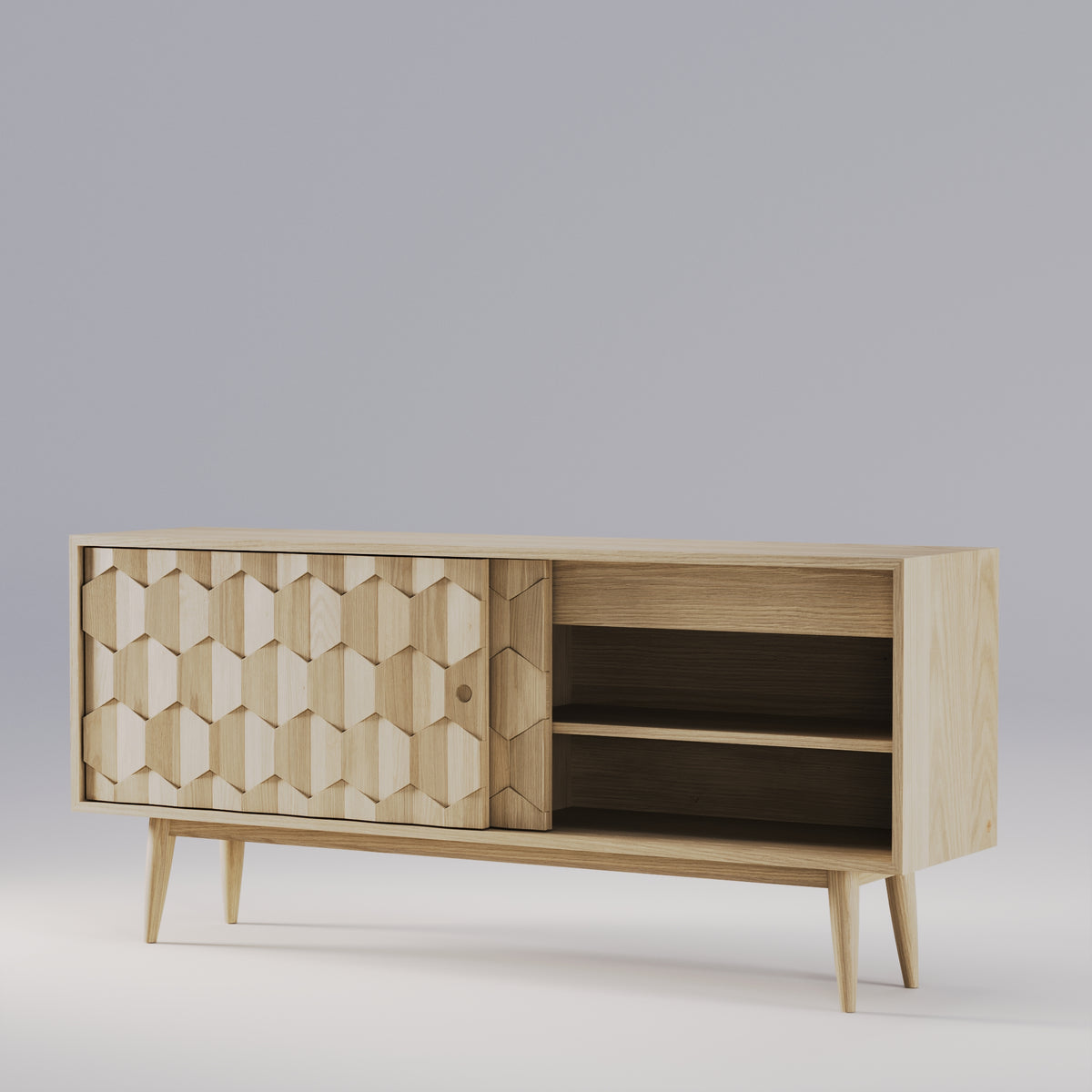 Buffet Scarpa en chêne avec une porte coulissée sur sa tablette