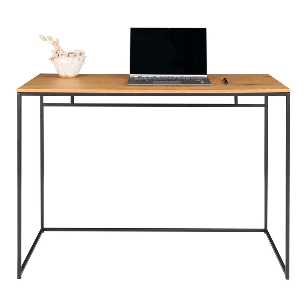 Bureau Vita chêne naturel cadre métal noir 100 cm vue de face avec ordinateur portable