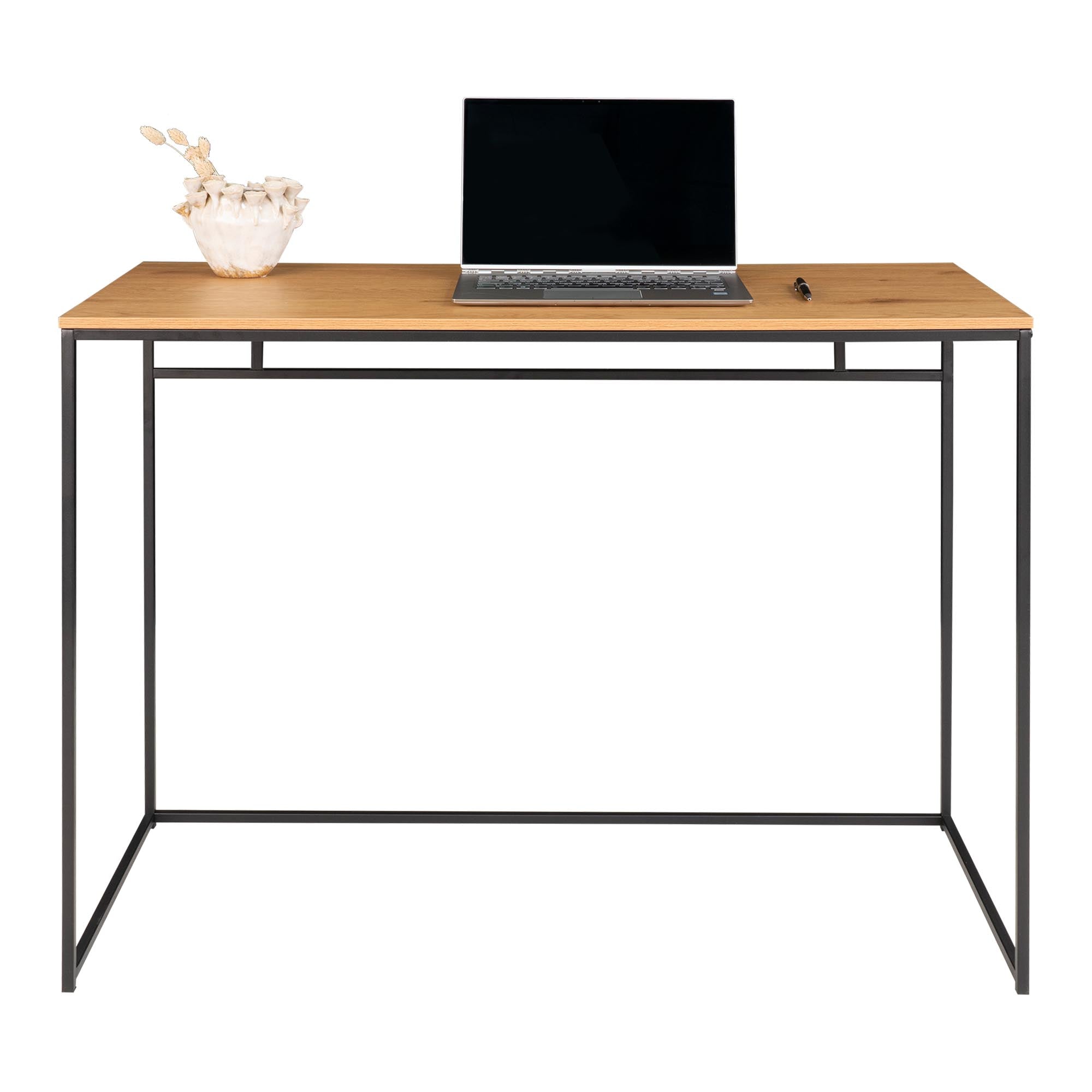 Bureau Vita chêne naturel cadre métal noir 100 cm vue de face avec ordinateur portable