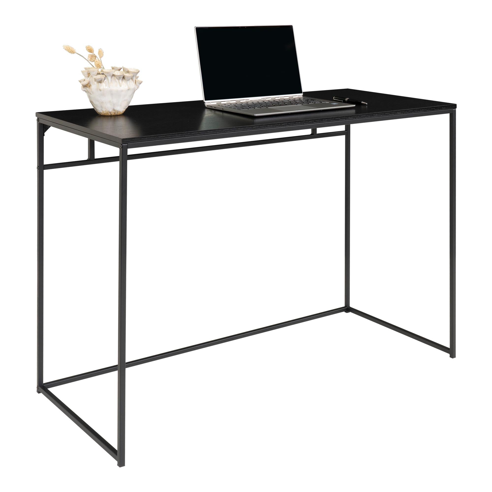 Bureau Vita plateau noir pieds métal noir 100x45x75 cm vue trois quarts avec laptop