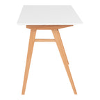 Détail pied tréteau en A bois naturel bureau Vojens plateau blanc vue latérale