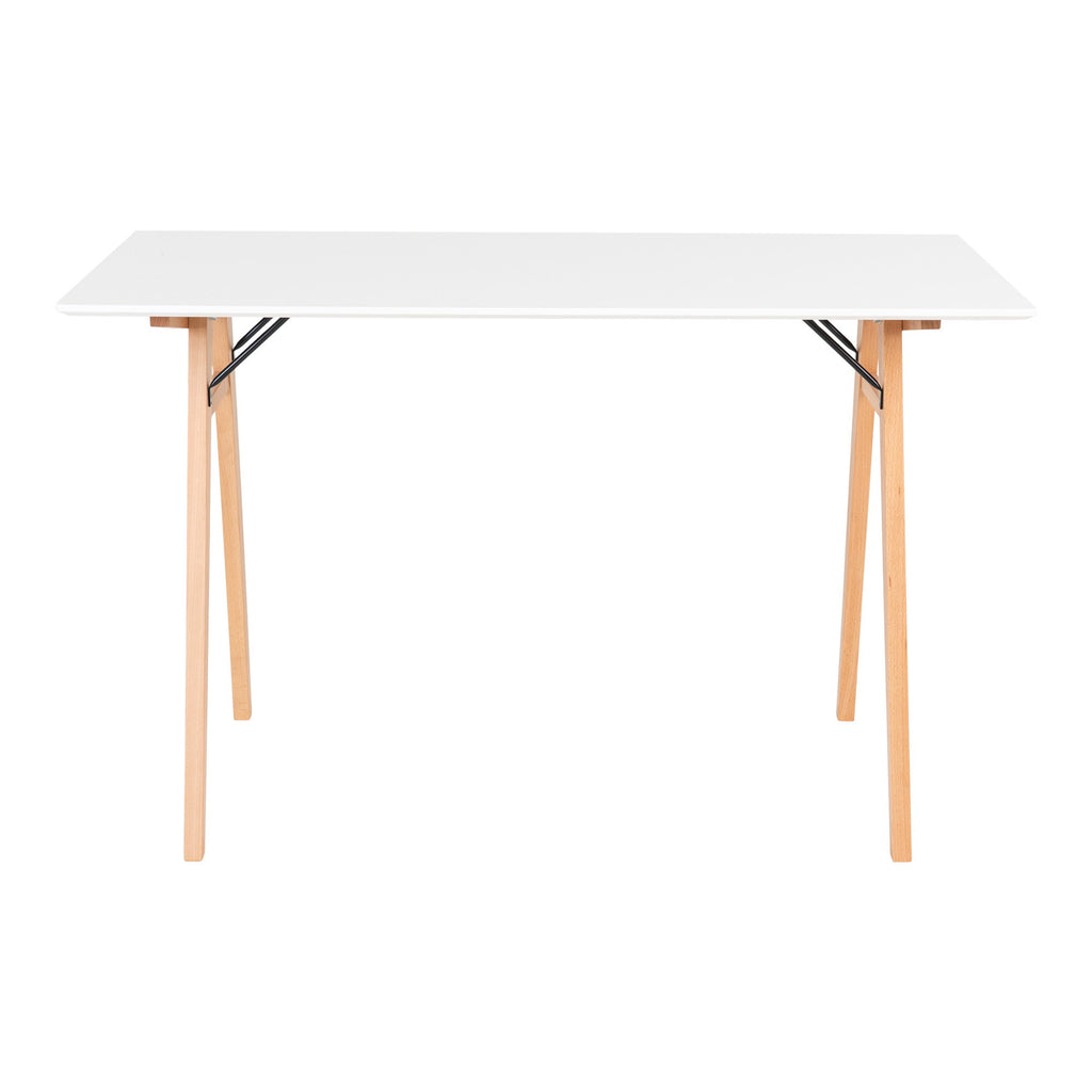 Bureau Vojens blanc et bois naturel pieds tréteau vue de face épurée fond blanc